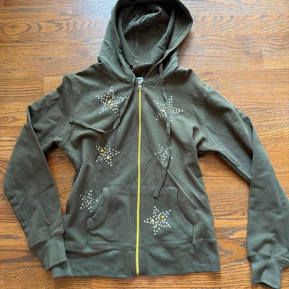 Vintage Y2K olive green graphic star rhinestone zip up hoodie